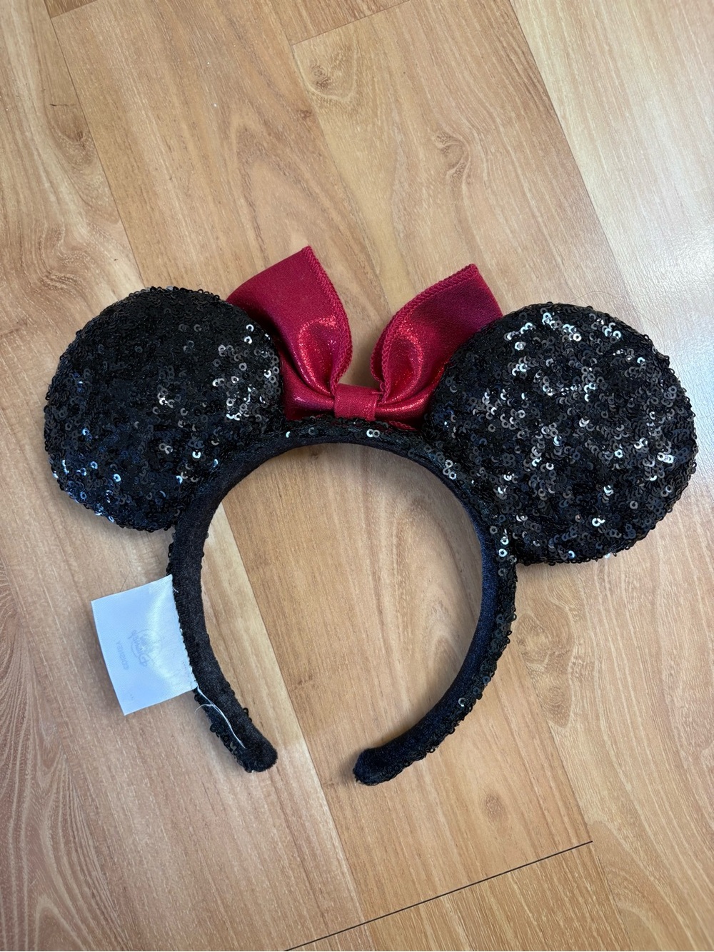 Disney Black Sequin Mouse Ear Headband with Shiny Red Bow - Picture 2 of 2
